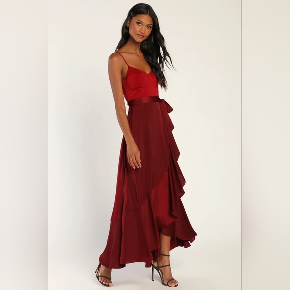 Lulus Double Darling Burgundy Color Block Satin Ruffled Maxi Dress S Wedding - Picture 3 of 12